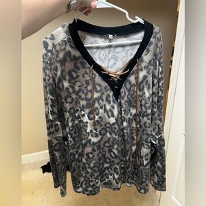 White Birch 2x Leopard Lace-Up Long Sleeve Top